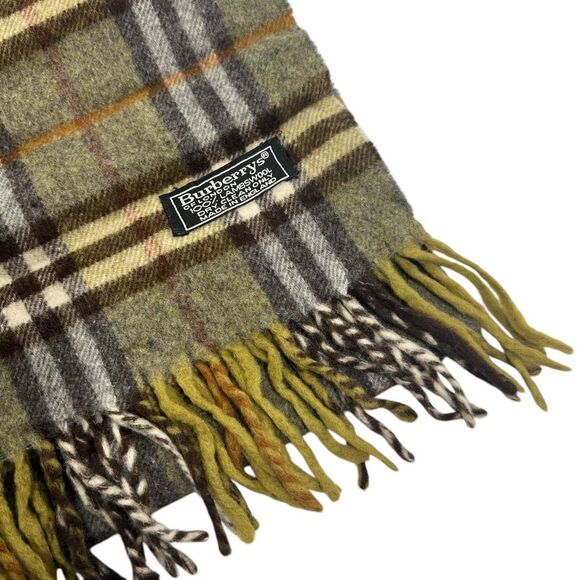Burberry's Men's Olive Green Multicolored Checkered Wool Fringe lambswool Scarf - Picture 2 of 6